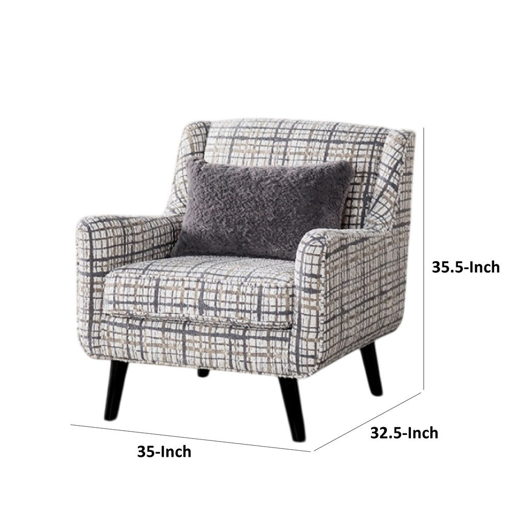 Benjara Riana Accent Chair, 1 Accent Pillow, Black And White Plaid, Solid Wood