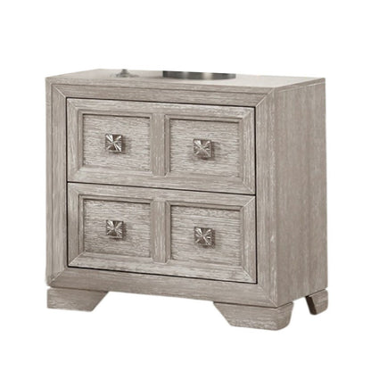 Benjara Diaz Nightstand with 2 Drawers, Sunburst Design Front, Light Gray Wood