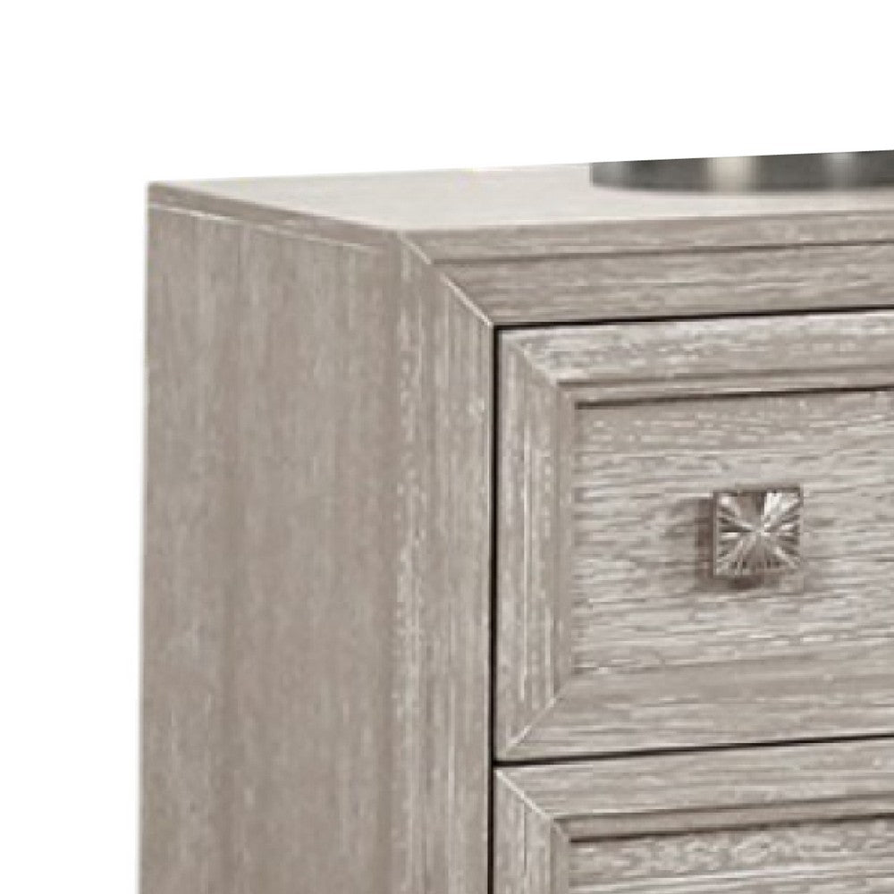 Benjara Diaz Nightstand with 2 Drawers, Sunburst Design Front, Light Gray Wood