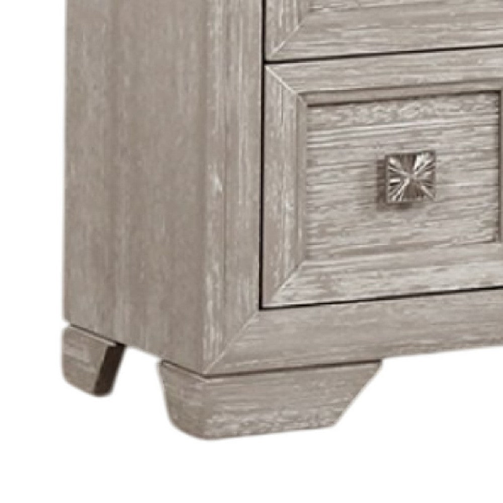 Benjara Diaz Nightstand with 2 Drawers, Sunburst Design Front, Light Gray Wood