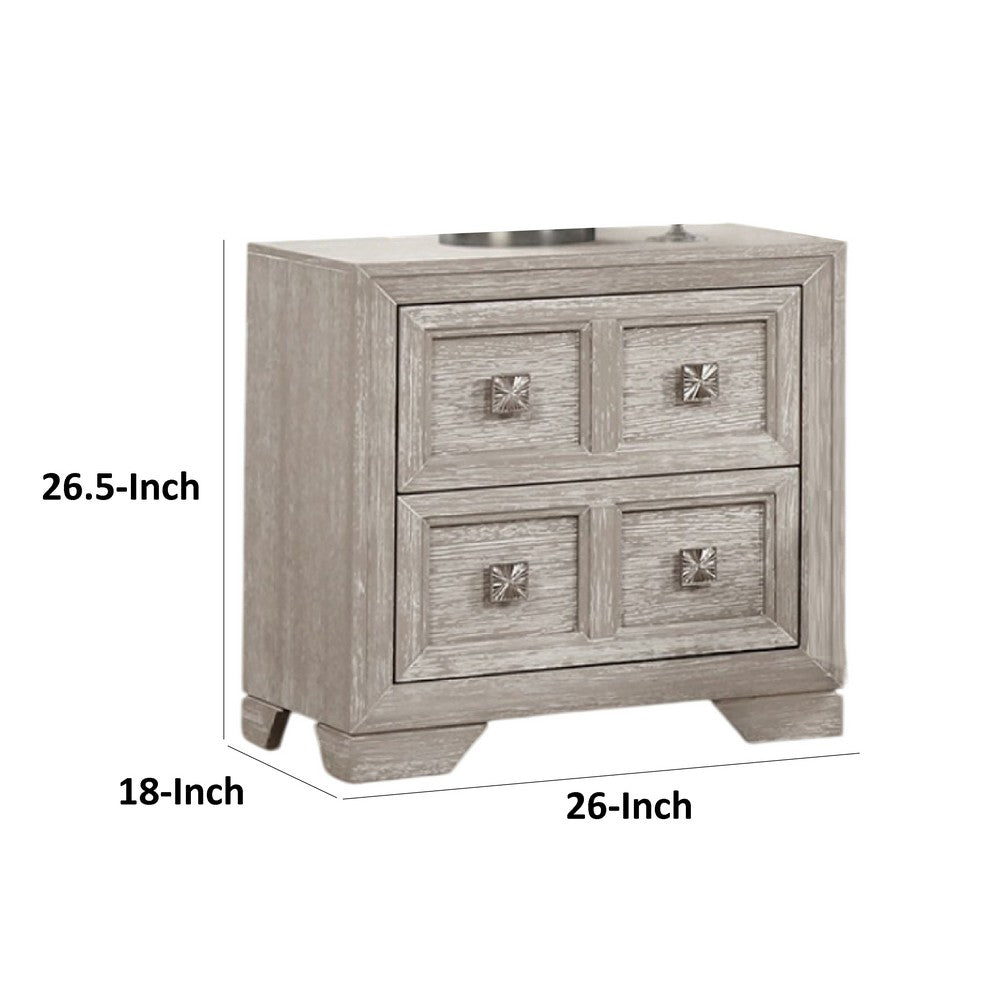 Benjara Diaz Nightstand with 2 Drawers, Sunburst Design Front, Light Gray Wood