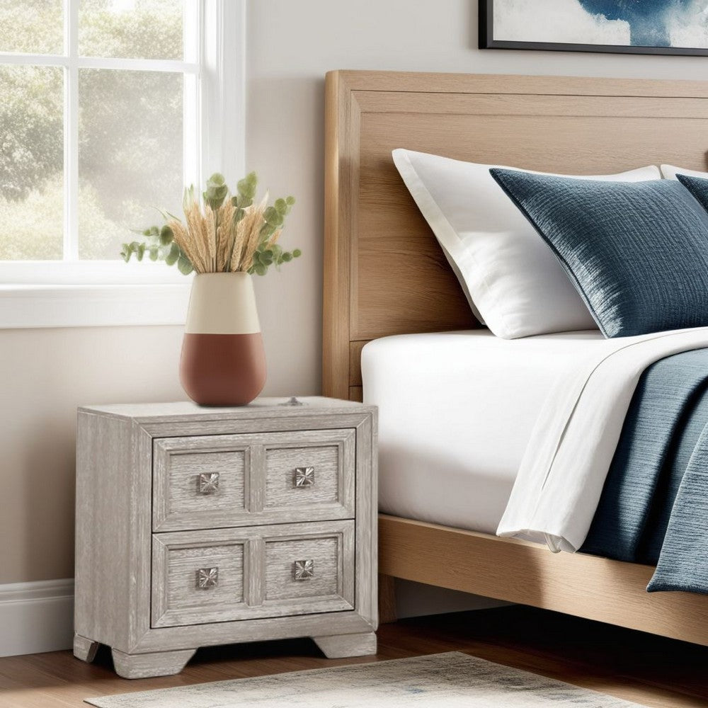 Benjara Diaz Nightstand with 2 Drawers, Sunburst Design Front, Light Gray Wood