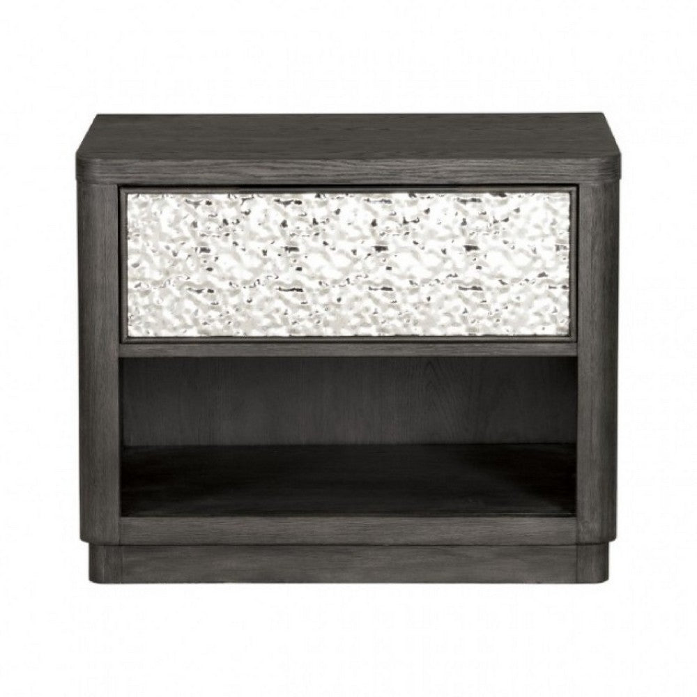Benjara Zoko Nightstand Table with 2 USB Ports, Metal Accents, Ash Gray Wood
