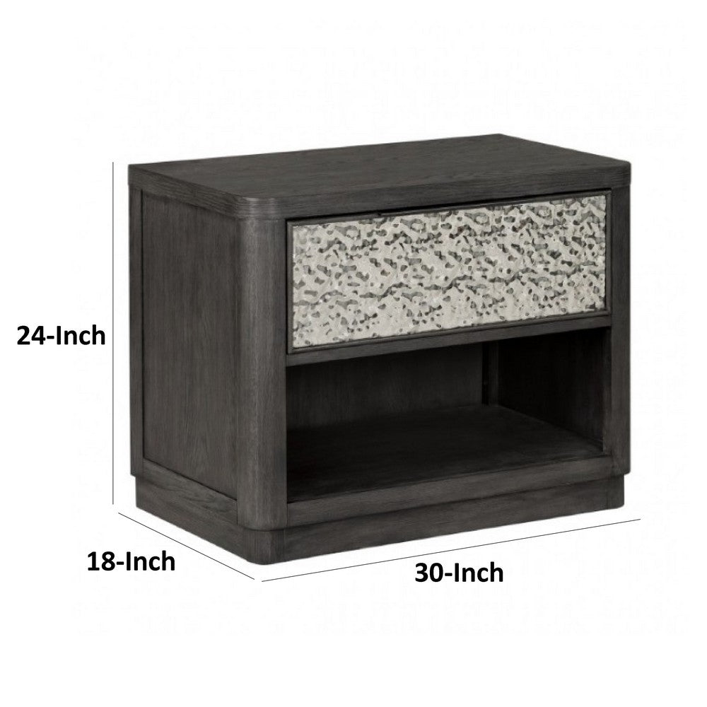 Benjara Zoko Nightstand Table with 2 USB Ports, Metal Accents, Ash Gray Wood