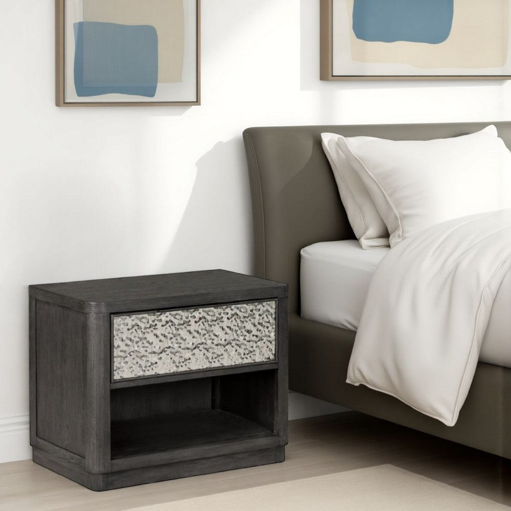 Benjara Zoko Nightstand Table with 2 USB Ports, Metal Accents, Ash Gray Wood
