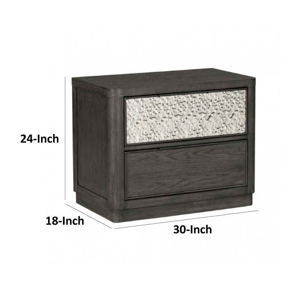 Benjara Zoko Nightstand, 2 Drawers, USB Ports, Metal Accents, Ash Gray Wood