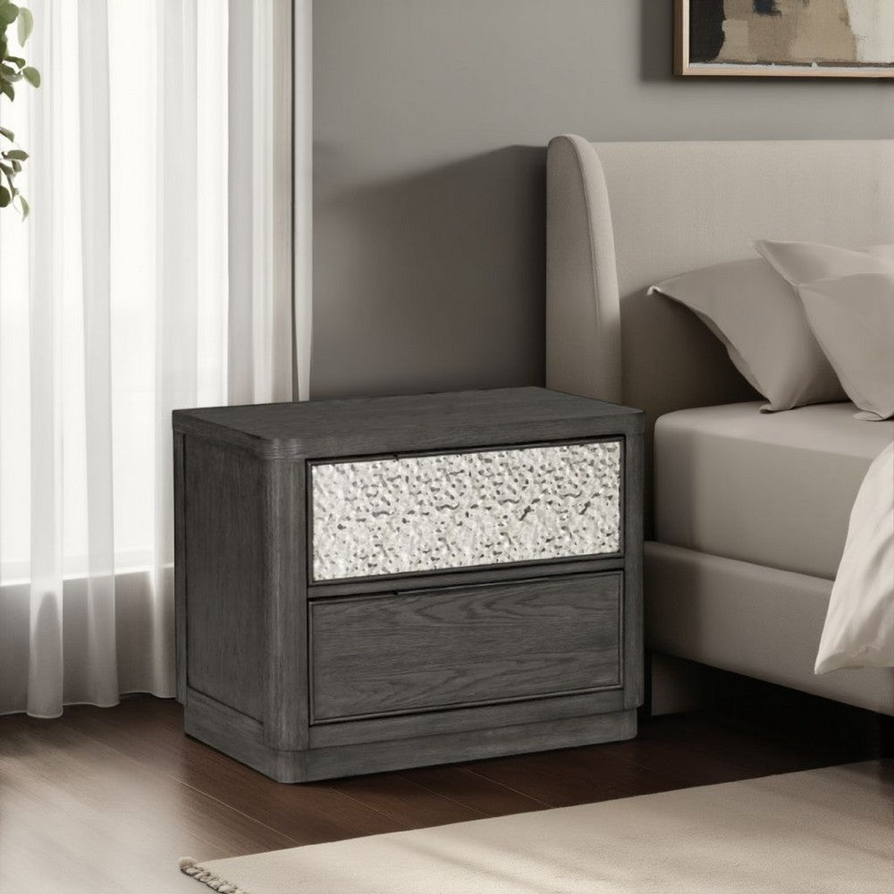 Benjara Zoko Nightstand, 2 Drawers, USB Ports, Metal Accents, Ash Gray Wood