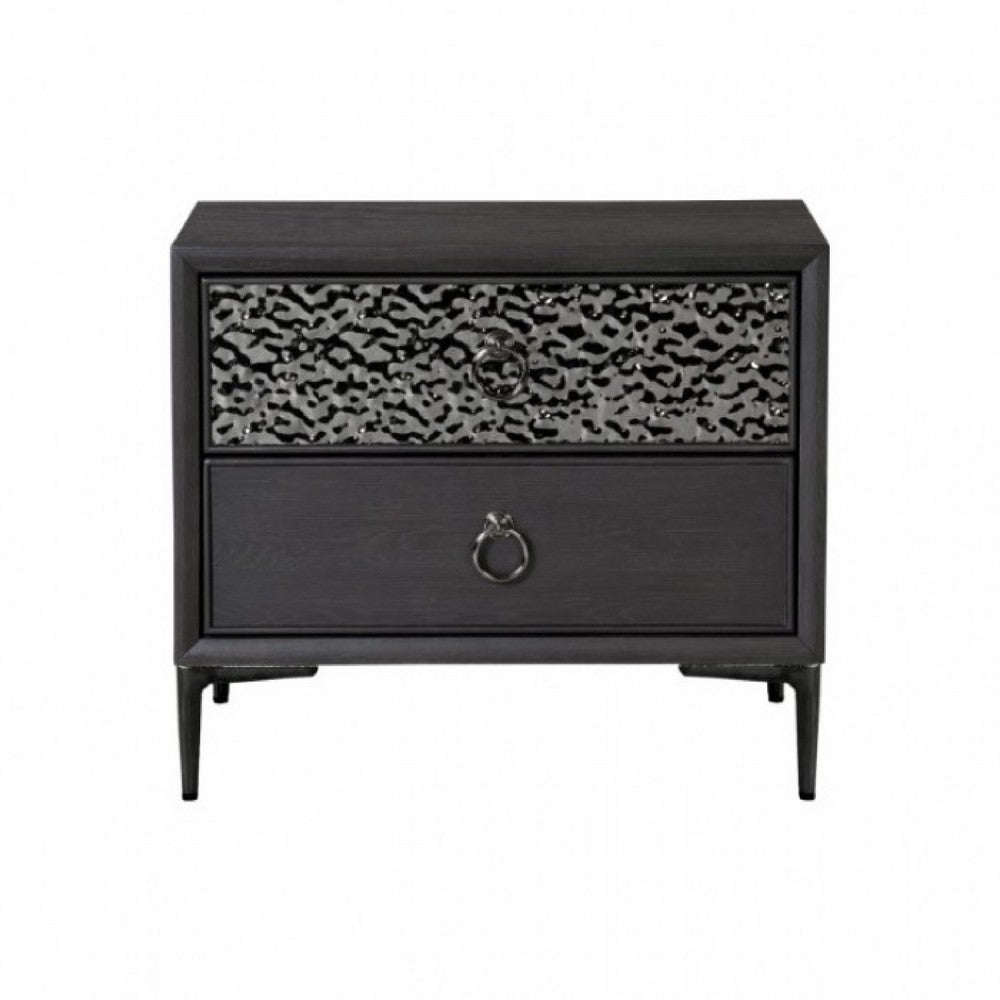Benjara Kaira Nightstand, 2 USB Ports, Textured Metal Accents, Espresso Brown