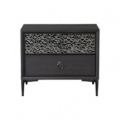 Benjara Kaira Nightstand, 2 USB Ports, Textured Metal Accents, Espresso Brown