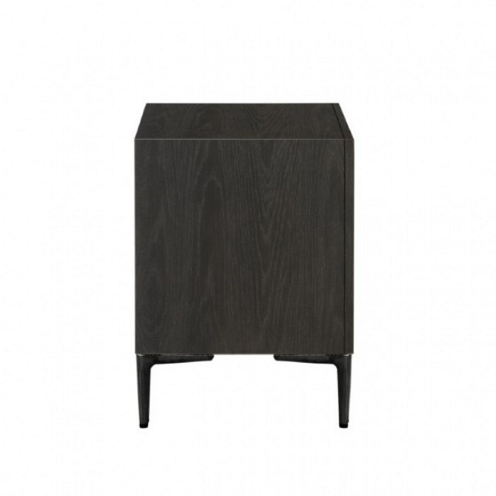 Benjara Kaira Nightstand, 2 USB Ports, Textured Metal Accents, Espresso Brown