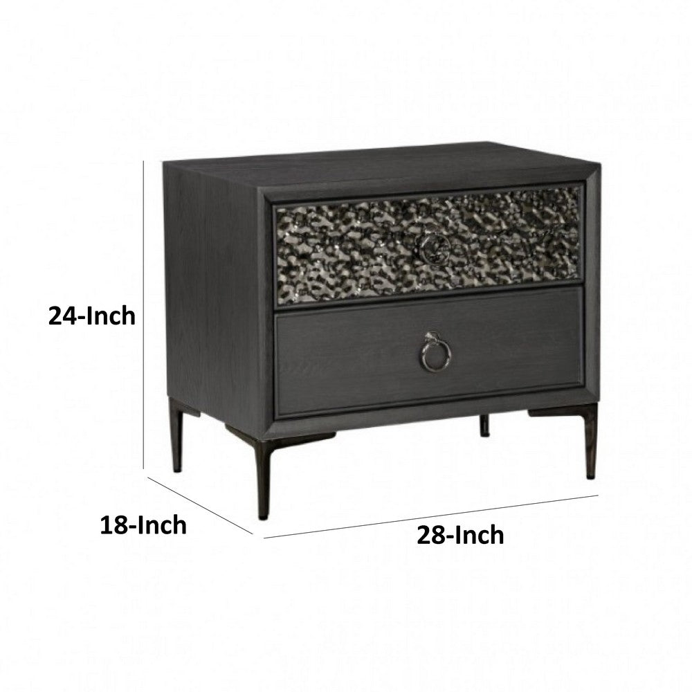 Benjara Kaira Nightstand, 2 USB Ports, Textured Metal Accents, Espresso Brown