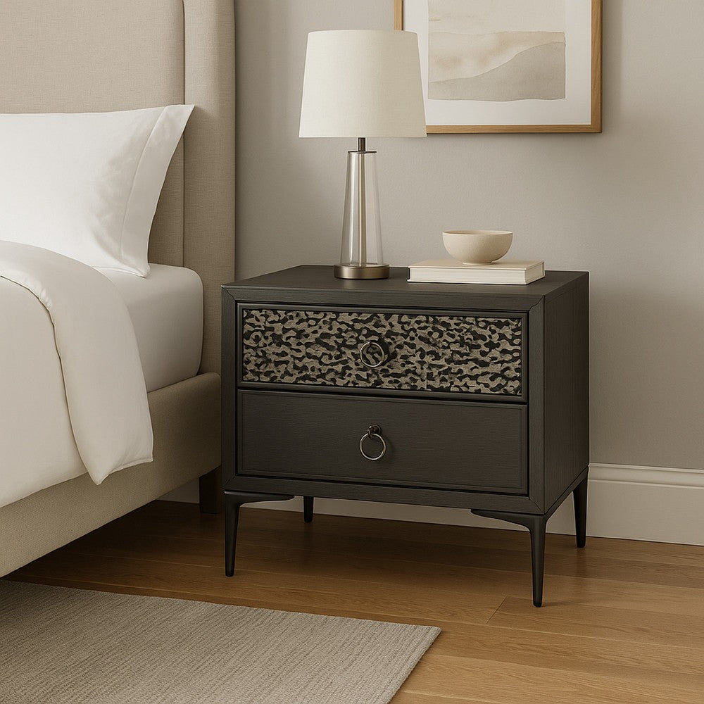 Benjara Kaira Nightstand, 2 USB Ports, Textured Metal Accents, Espresso Brown