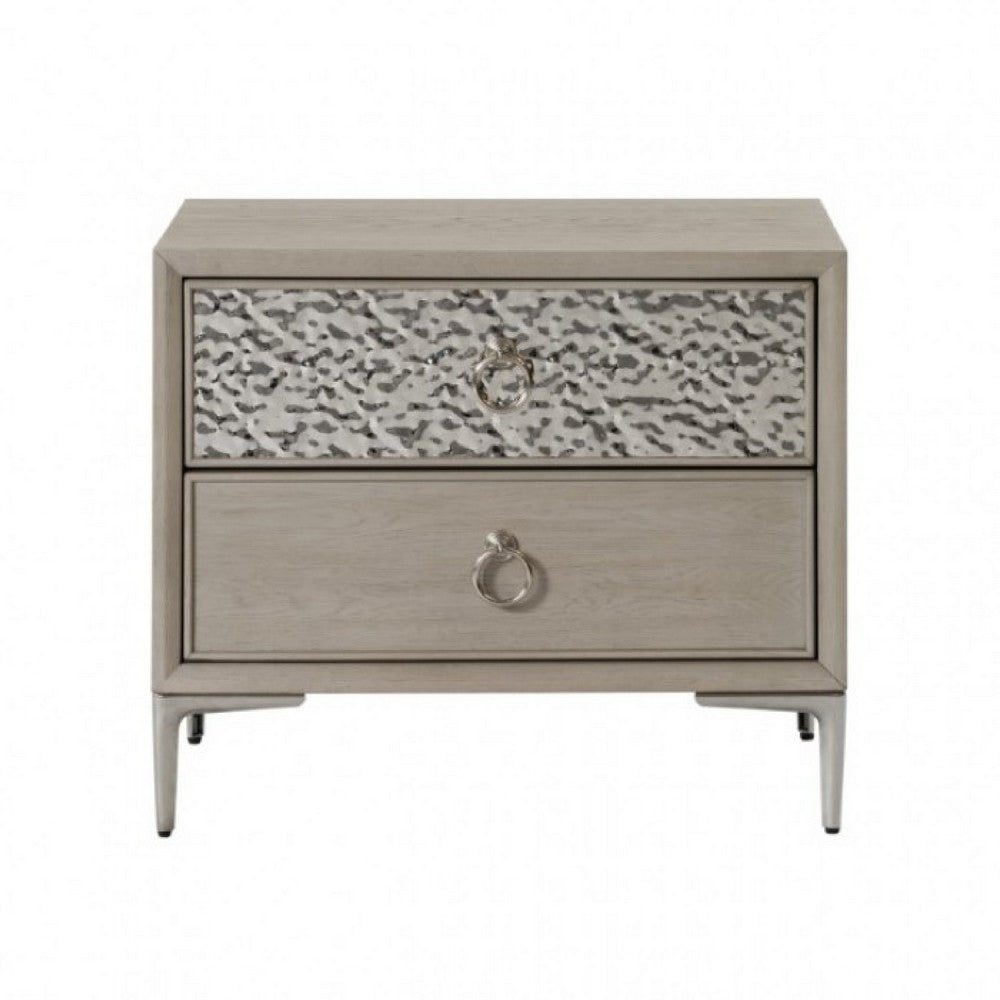 Benjara Kaira Nightstand with 2 USB Ports, Textured Metal, Natural Oak Brown