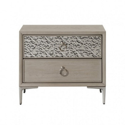 Benjara Kaira Nightstand with 2 USB Ports, Textured Metal, Natural Oak Brown