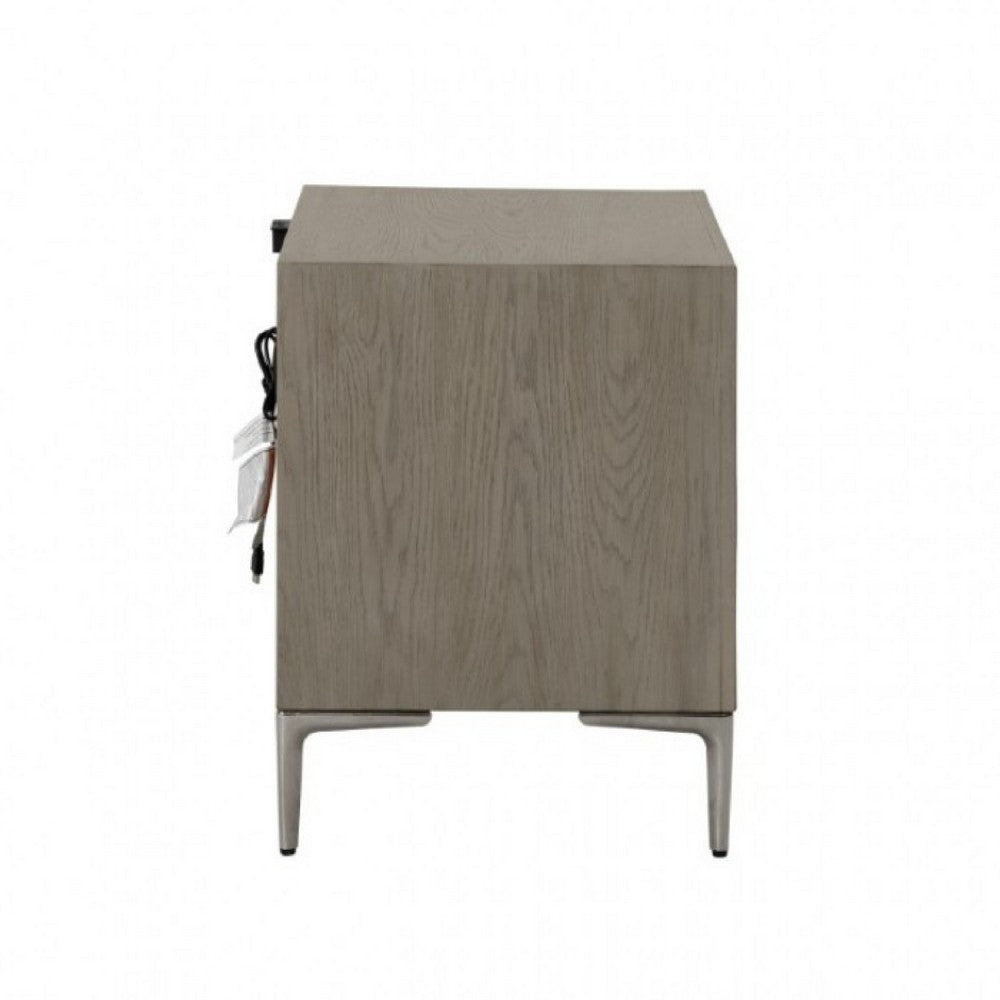 Benjara Kaira Nightstand with 2 USB Ports, Textured Metal, Natural Oak Brown