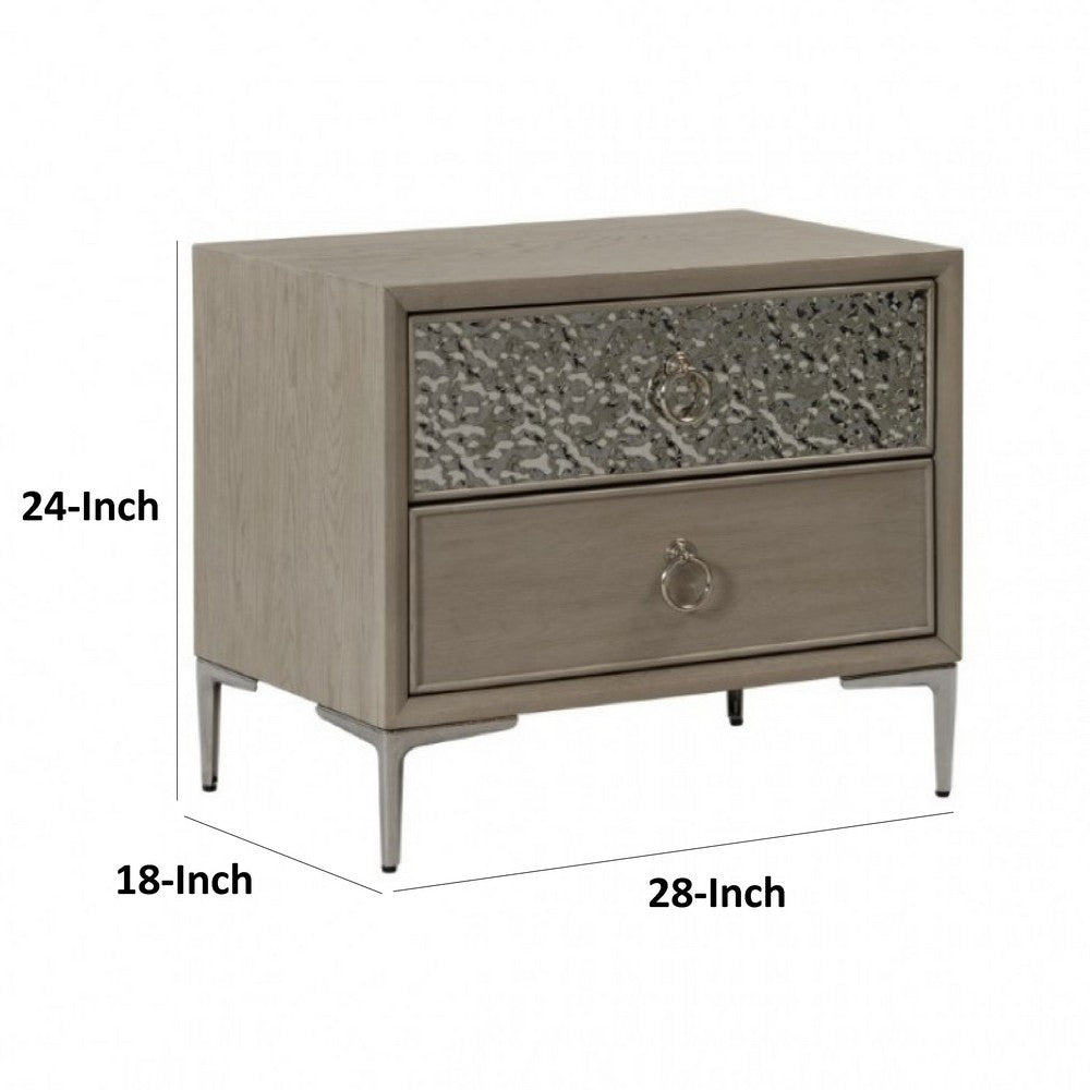 Benjara Kaira Nightstand with 2 USB Ports, Textured Metal, Natural Oak Brown