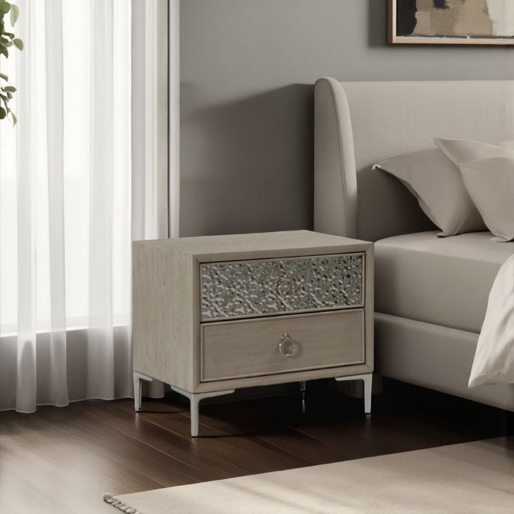Benjara Kaira Nightstand with 2 USB Ports, Textured Metal, Natural Oak Brown