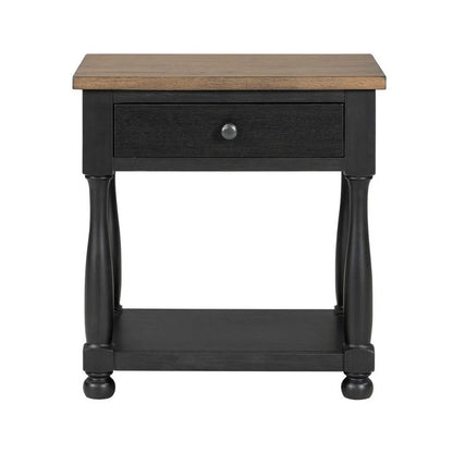 Benjara Ginie Nightstand, USB Ports And Drawer, Shelf, Black Rustic Oak Wood