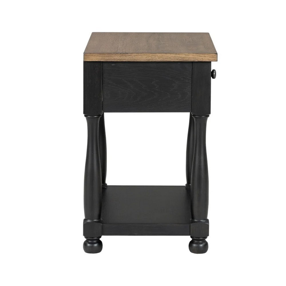 Benjara Ginie Nightstand, USB Ports And Drawer, Shelf, Black Rustic Oak Wood