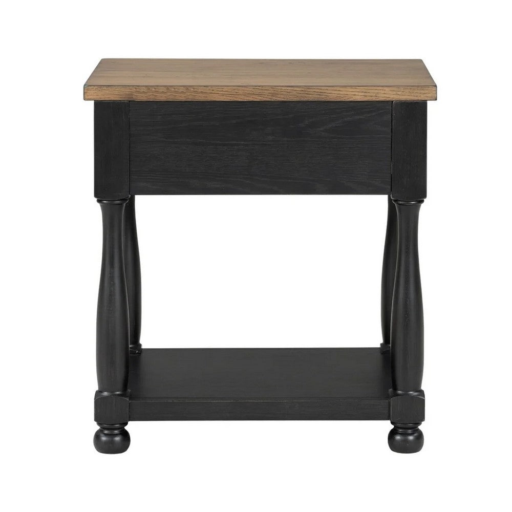 Benjara Ginie Nightstand, USB Ports And Drawer, Shelf, Black Rustic Oak Wood