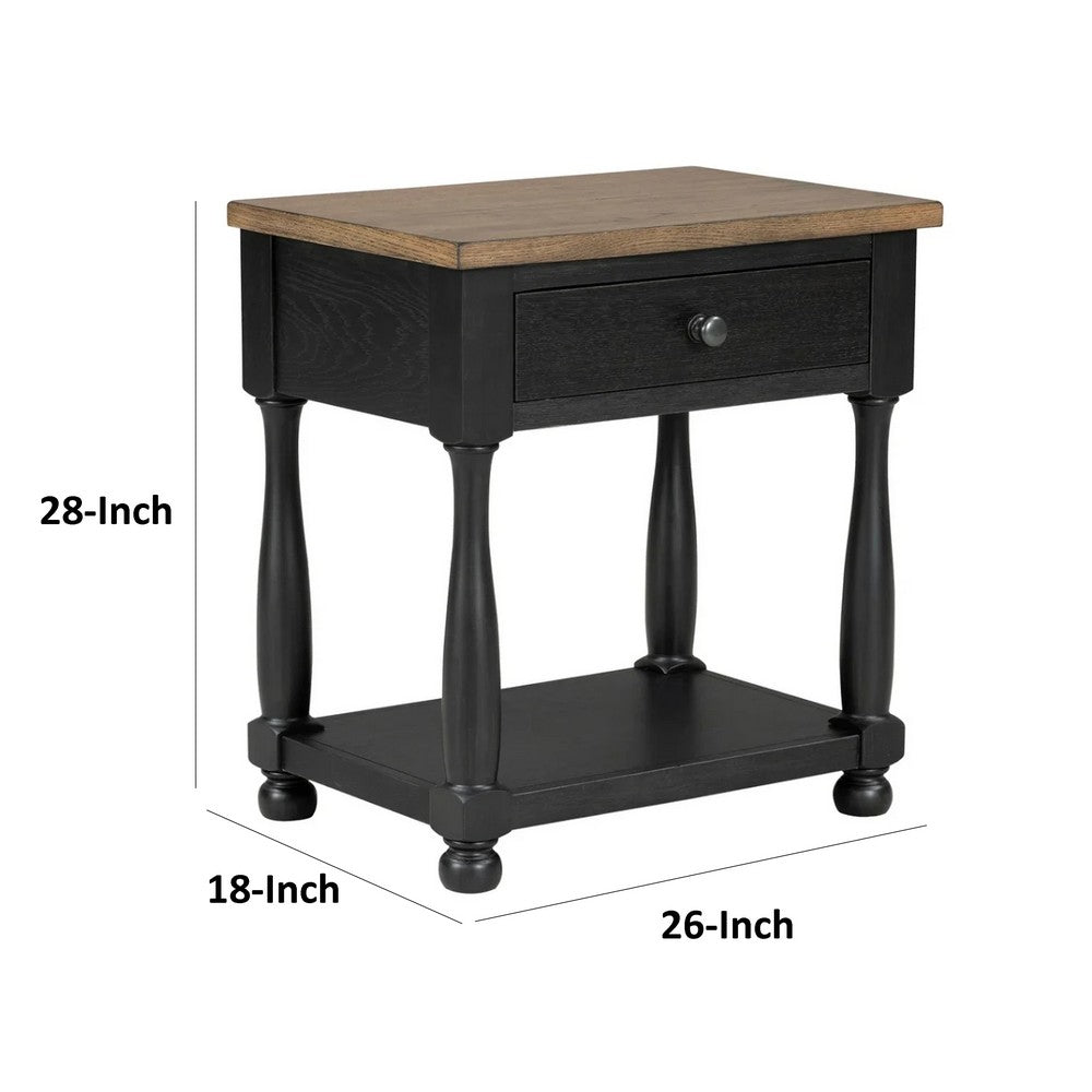 Benjara Ginie Nightstand, USB Ports And Drawer, Shelf, Black Rustic Oak Wood
