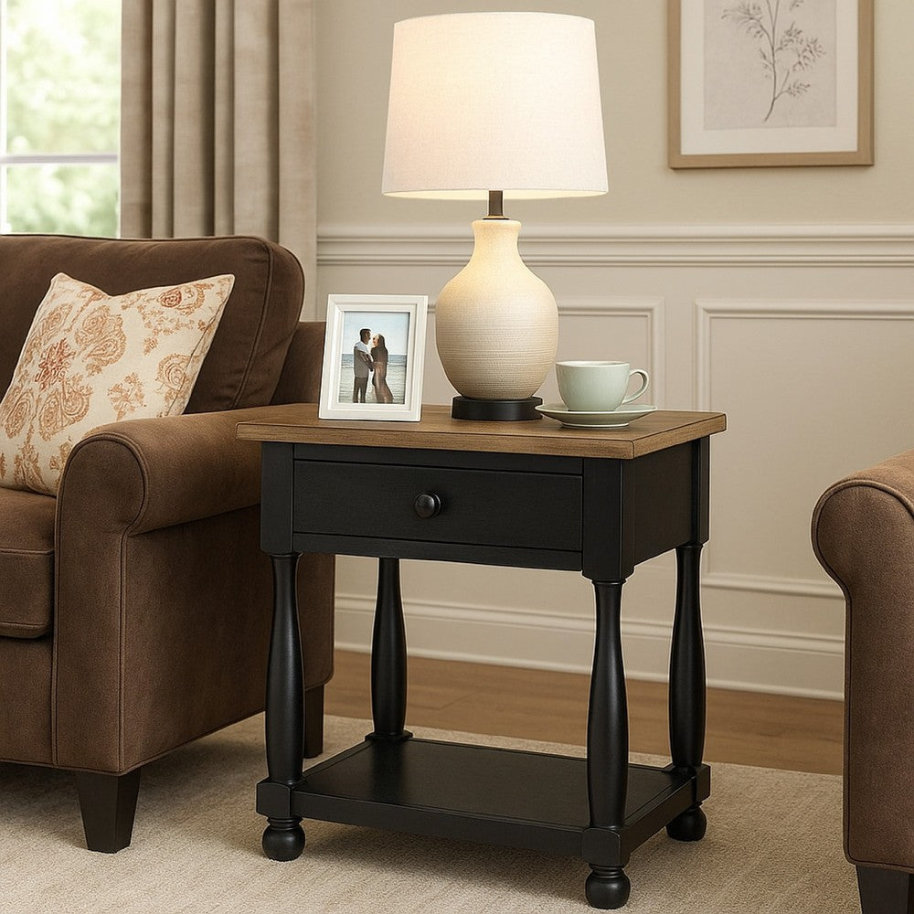 Benjara Ginie Nightstand, USB Ports And Drawer, Shelf, Black Rustic Oak Wood