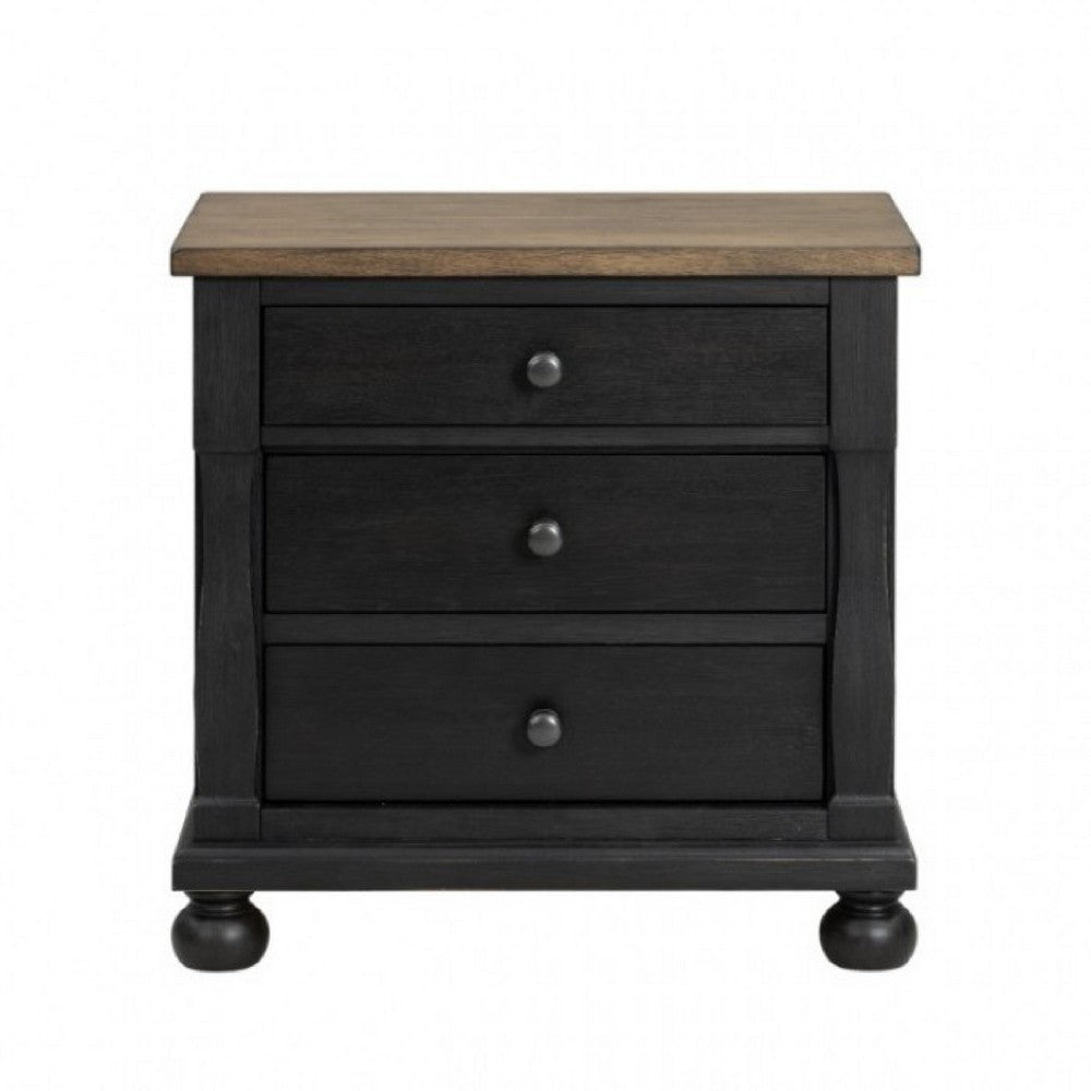 Benjara Ginie Nightstand with 2 USB Ports, 3 Drawers, Black Rustic Oak Brown