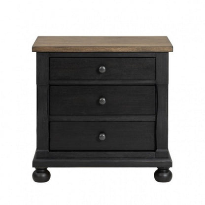 Benjara Ginie Nightstand with 2 USB Ports, 3 Drawers, Black Rustic Oak Brown