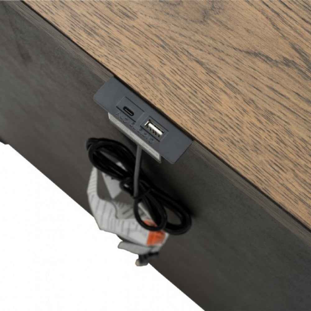 Benjara Ginie Nightstand with 2 USB Ports, 3 Drawers, Black Rustic Oak Brown