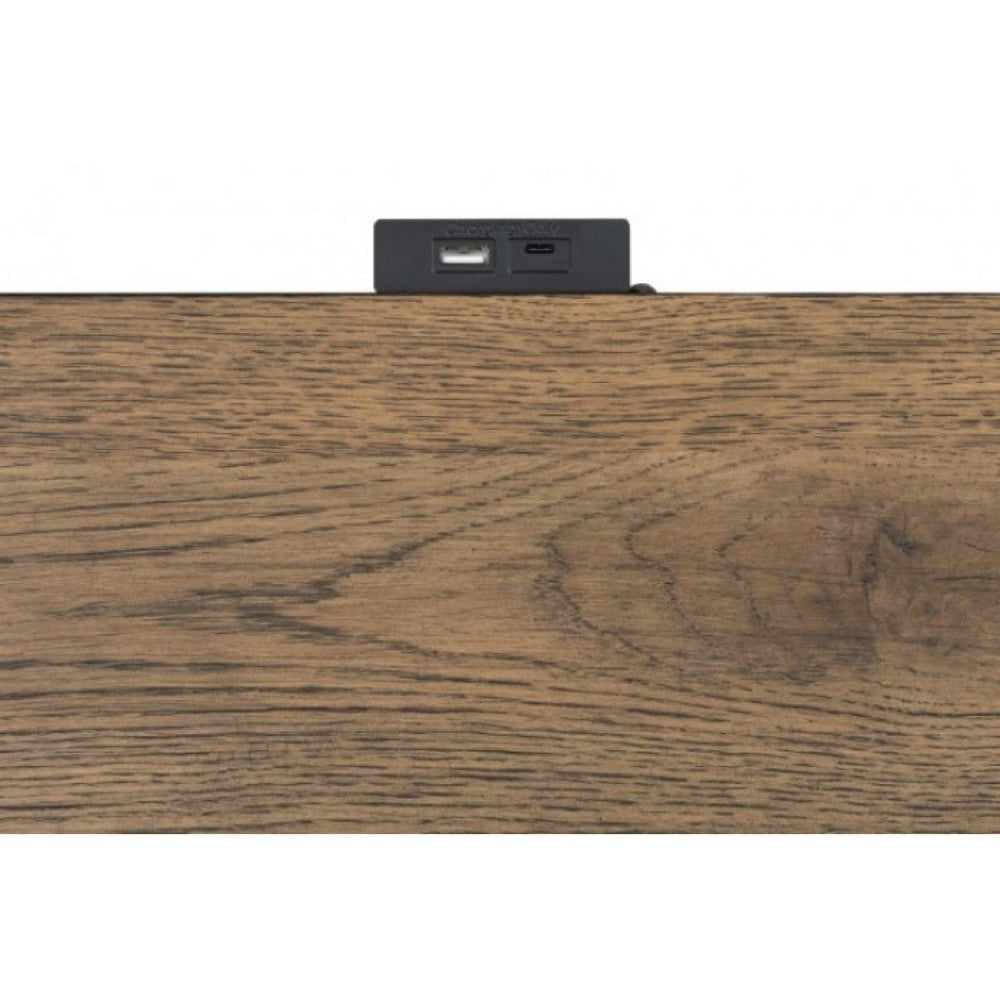 Benjara Ginie Nightstand with 2 USB Ports, 3 Drawers, Black Rustic Oak Brown