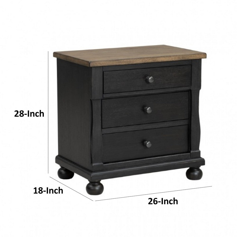 Benjara Ginie Nightstand with 2 USB Ports, 3 Drawers, Black Rustic Oak Brown