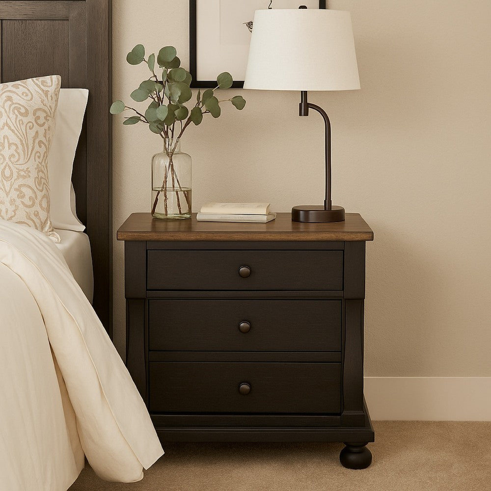 Benjara Ginie Nightstand with 2 USB Ports, 3 Drawers, Black Rustic Oak Brown