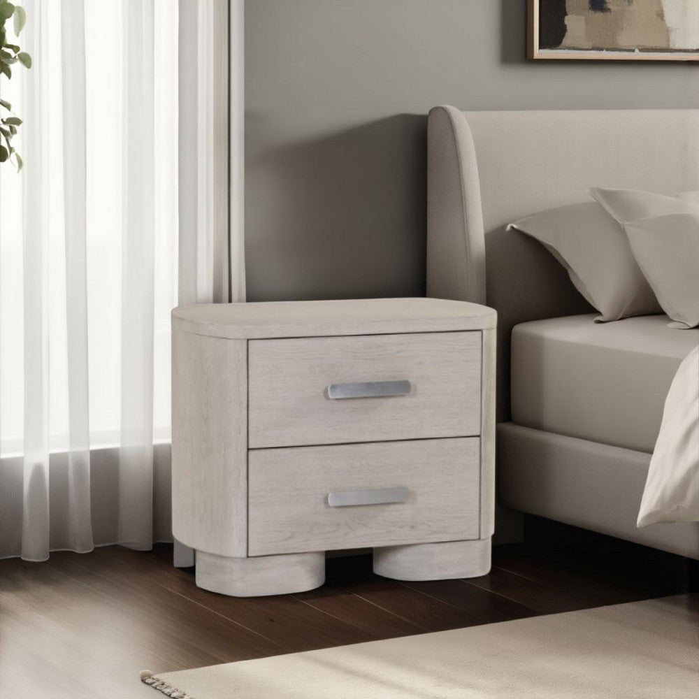 Benjara Celly Nightstand with USB Ports And 2 Drawers, Modern White Oak Wood