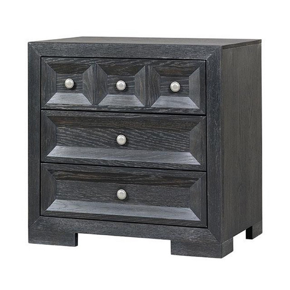 Benjara Kizie Nightstand, 3 Drawers, USB A-C, Weathered Black Wood, 28 Inch
