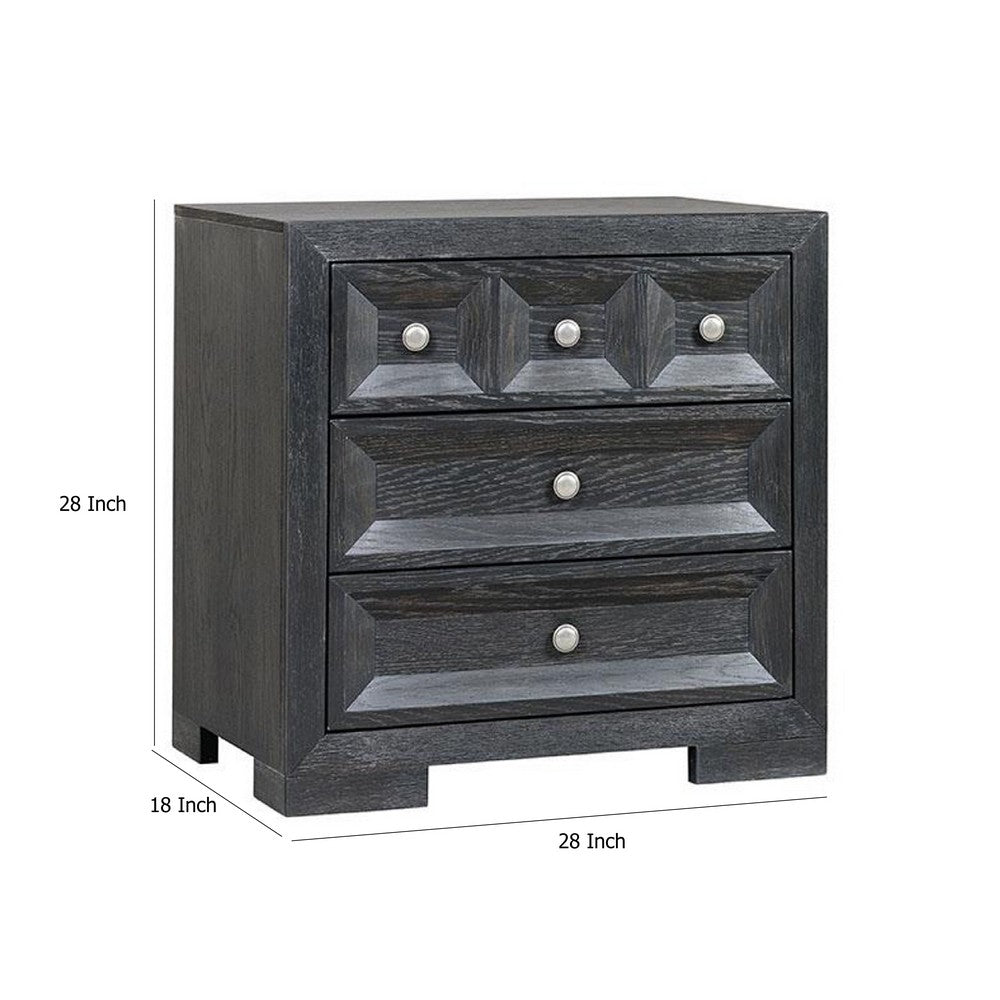 Benjara Kizie Nightstand, 3 Drawers, USB A-C, Weathered Black Wood, 28 Inch