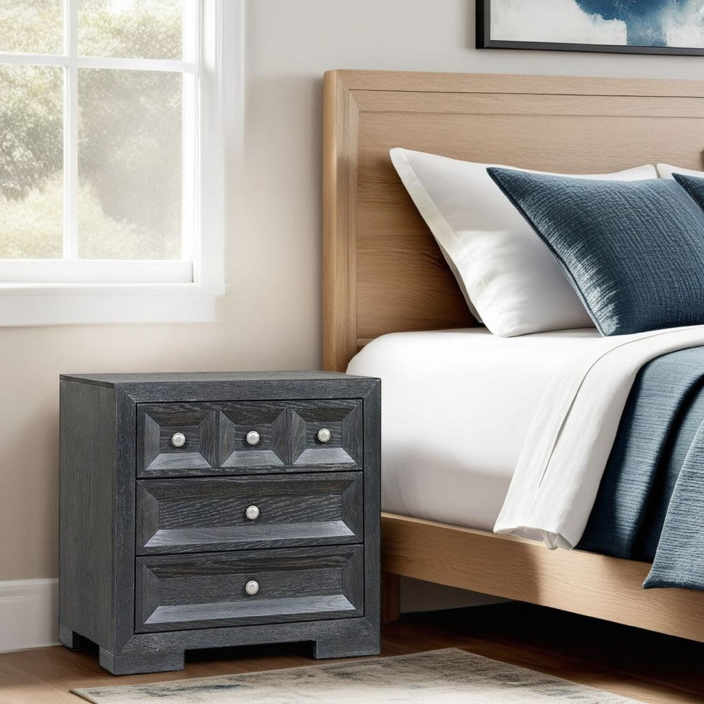 Benjara Kizie Oversized Nightstand, USB A-C, 3 Drawer, 38 Inch Weathered Black
