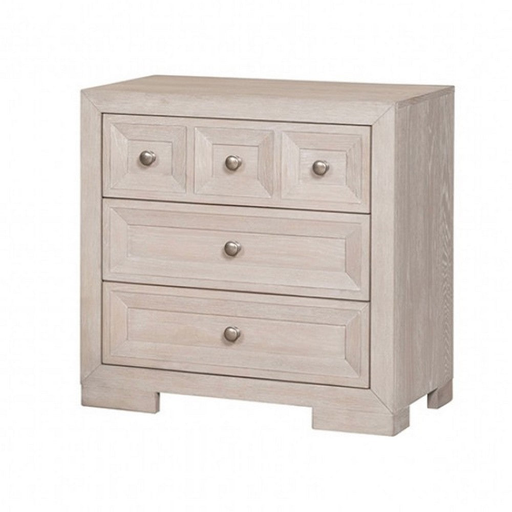 Benjara Kizie Nightstand, USB, 3 Drawers, Bronze, Beige Solid Wood, 28 Inch