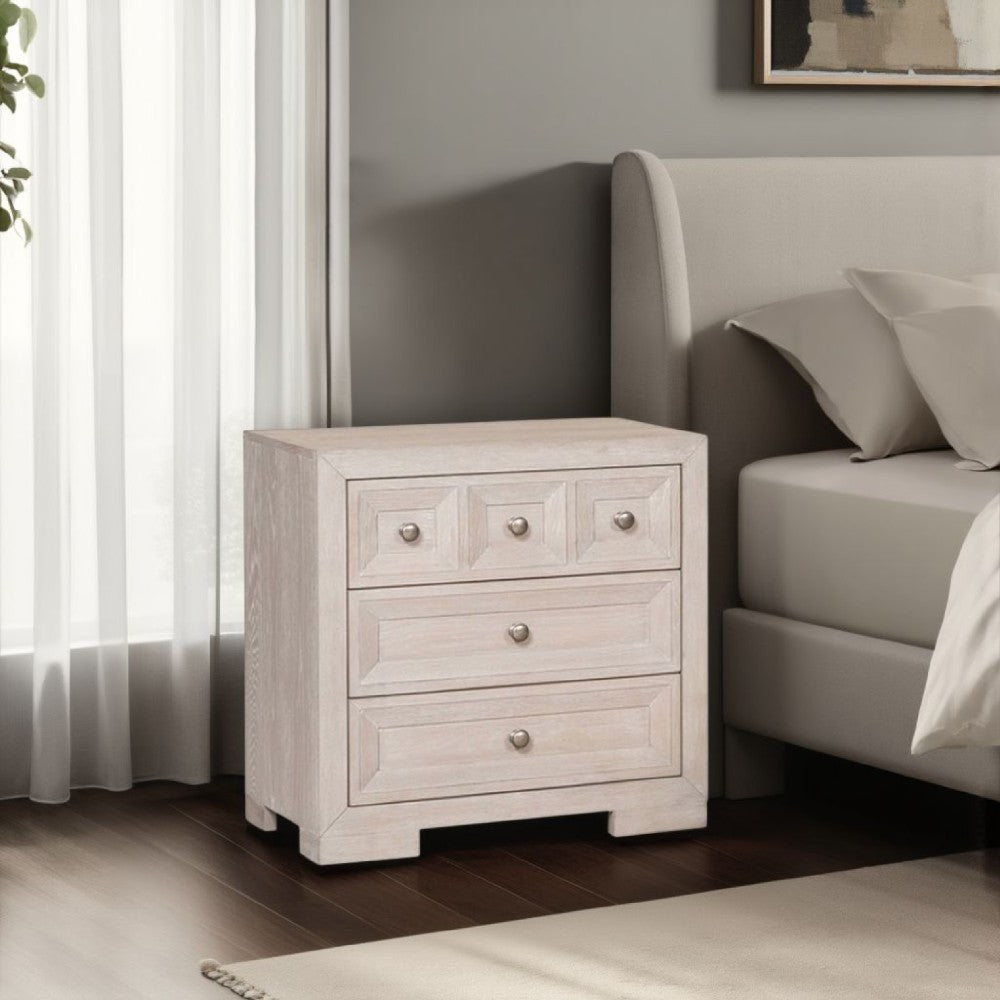 Benjara Kizie Nightstand, USB, 3 Drawers, Bronze, Beige Solid Wood, 28 Inch