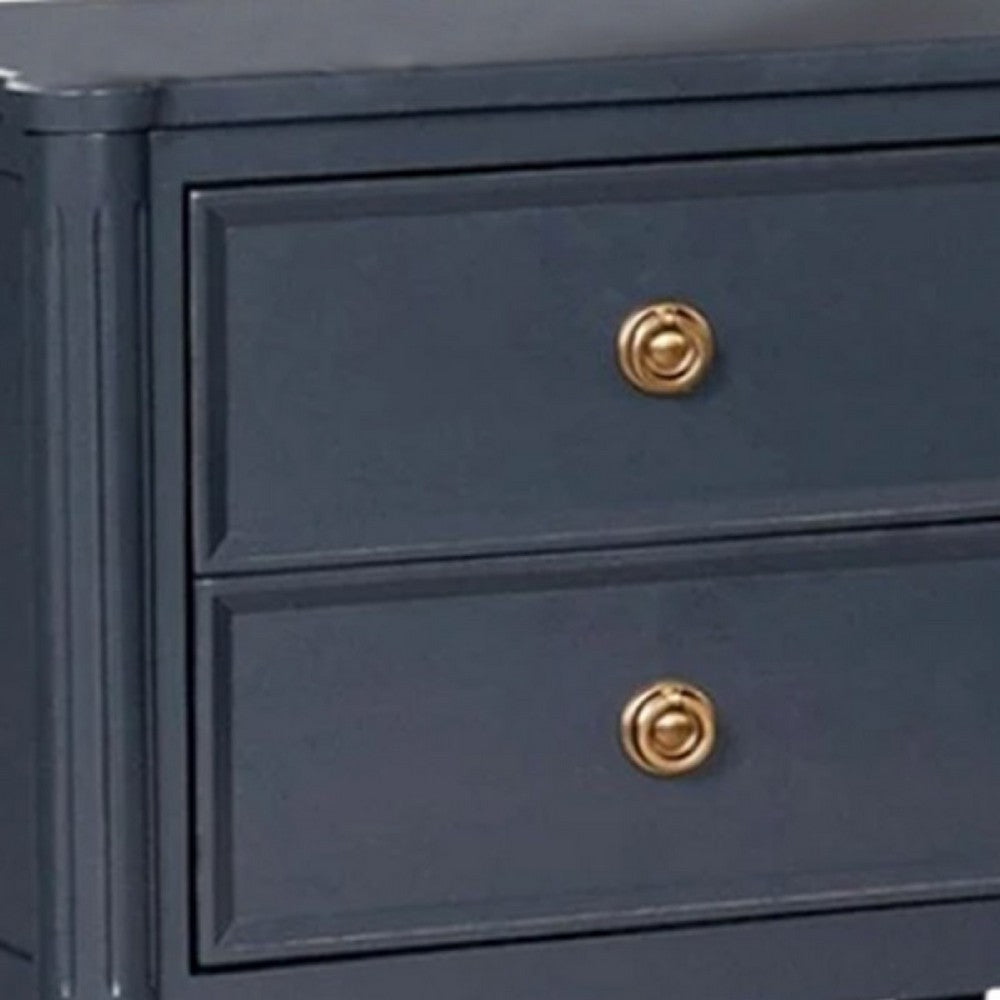 Benjara Alta Nightstand, 2 Drawers, USB A-C, Malta Blue Solid Wood, 26 Inch