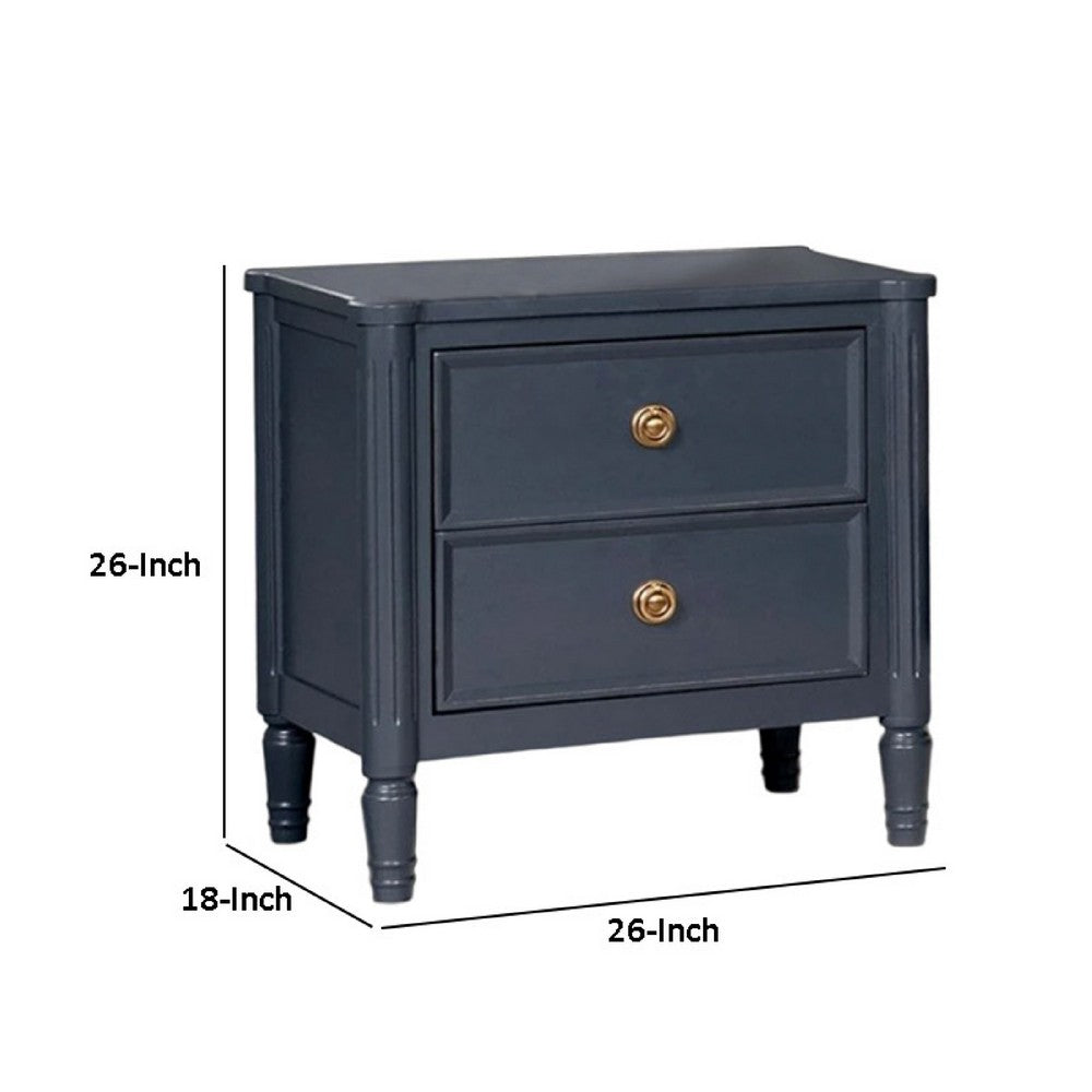 Benjara Alta Nightstand, 2 Drawers, USB A-C, Malta Blue Solid Wood, 26 Inch