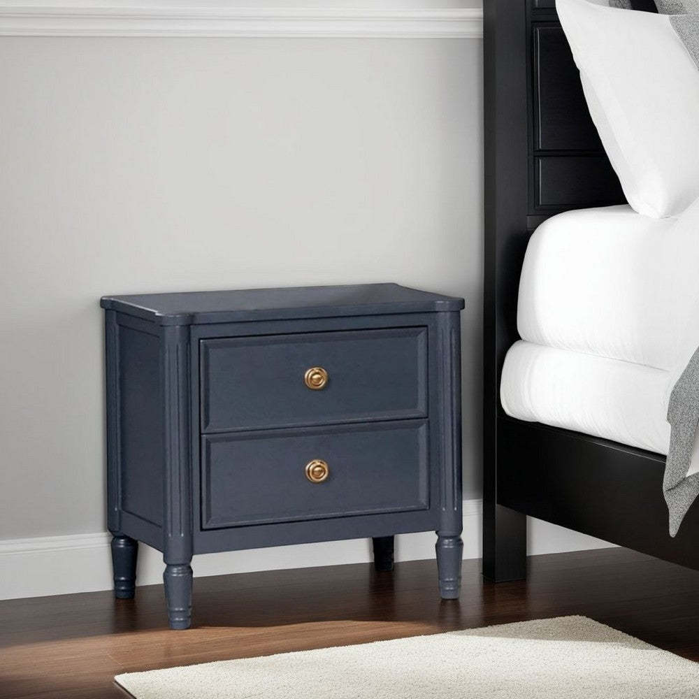 Benjara Alta Nightstand, 2 Drawers, USB A-C, Malta Blue Solid Wood, 26 Inch