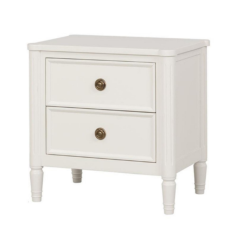 Benjara Alta Nightstand, 2 Drawers, USB A-C, Gold, White Solid Wood, 26 Inch
