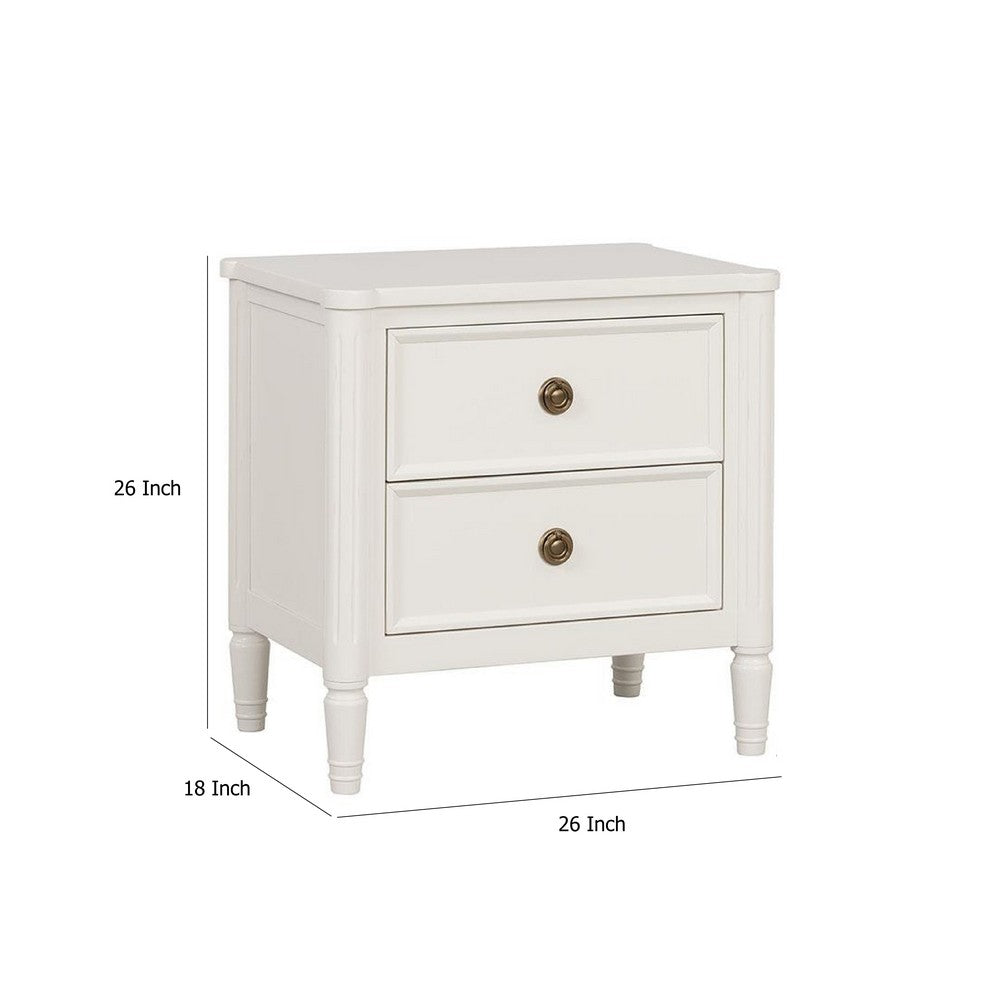 Benjara Alta Nightstand, 2 Drawers, USB A-C, Gold, White Solid Wood, 26 Inch
