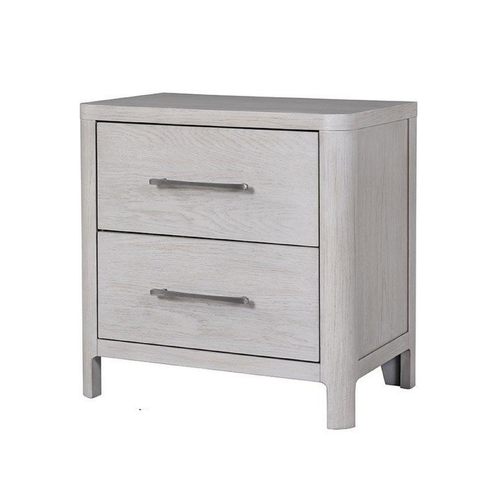 Benjara Reham Nightstand, 2 Drawers, USB A-C, White Wash Brown Wood, 27 Inch