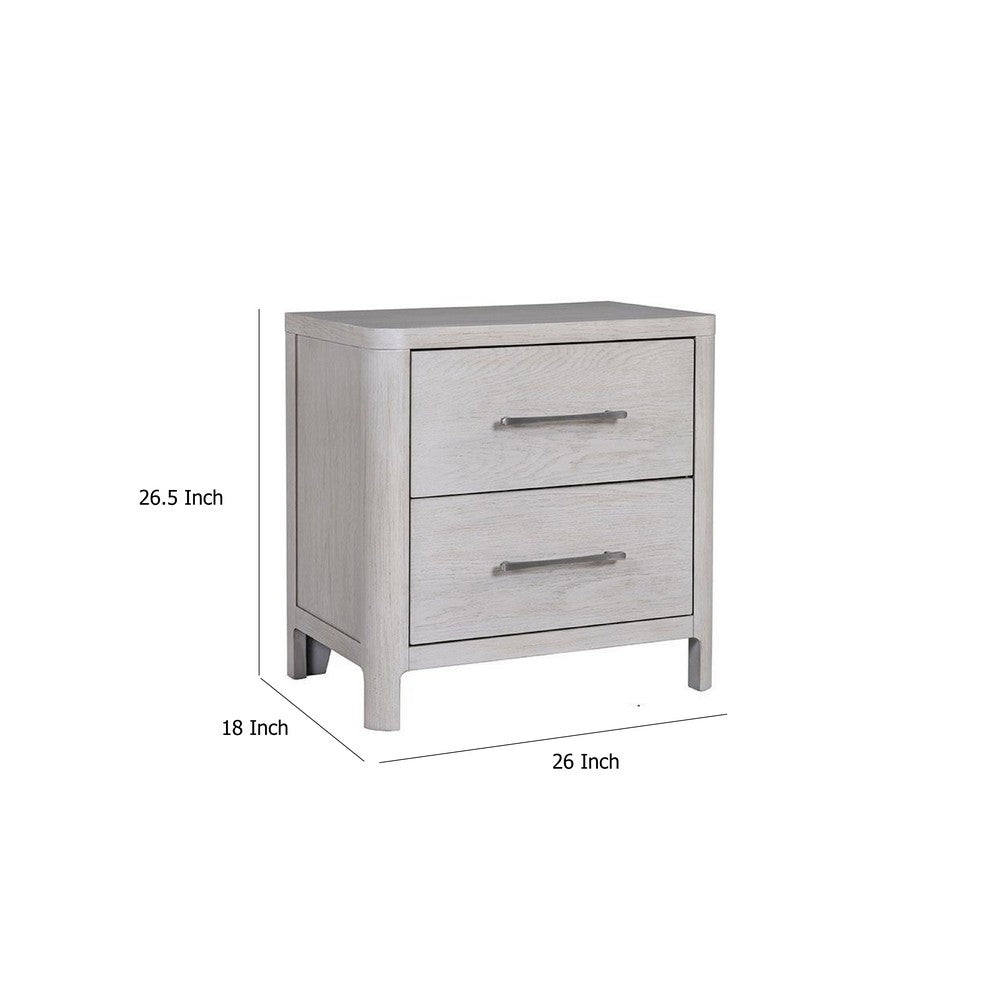 Benjara Reham Nightstand, 2 Drawers, USB A-C, White Wash Brown Wood, 27 Inch
