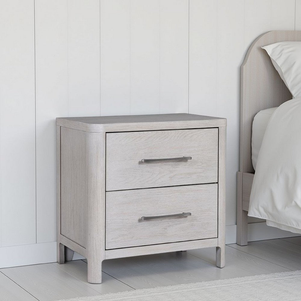 Benjara Reham Nightstand, 2 Drawers, USB A-C, White Wash Brown Wood, 27 Inch