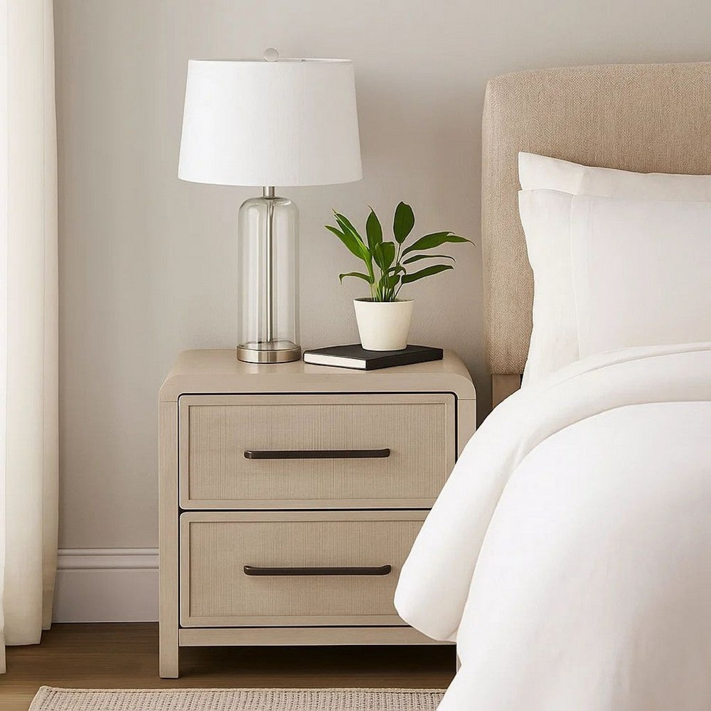 Benjara Giva Nightstand, 2 Drawers, USB A-C, Natural Oak Beige Finish, 24 Inch