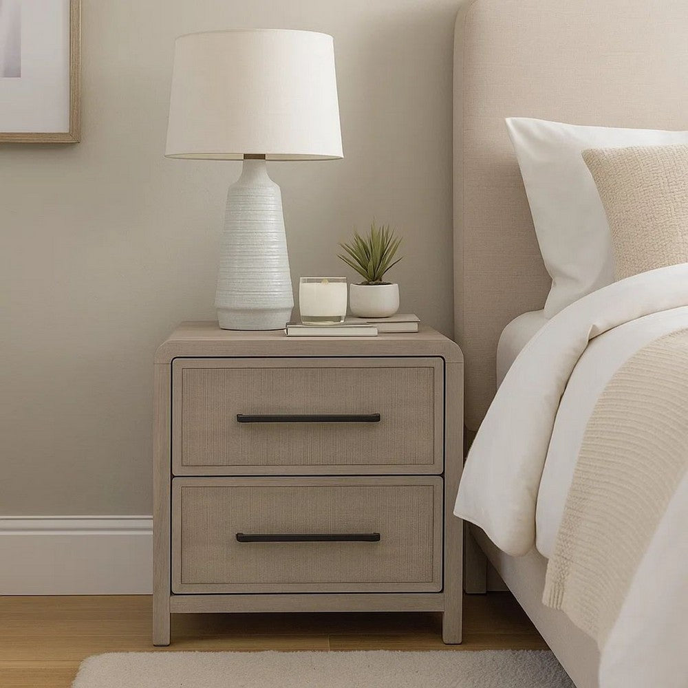 Benjara Giva Nightstand, 2 Drawers, USB A-C, Natural Oak Beige Finish, 24 Inch