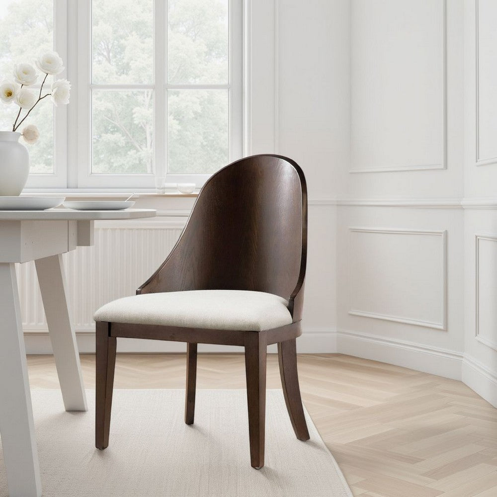 Benjara Mordy Side Dining Chair Set of 2, Curve Panel Back, Off White Fabric