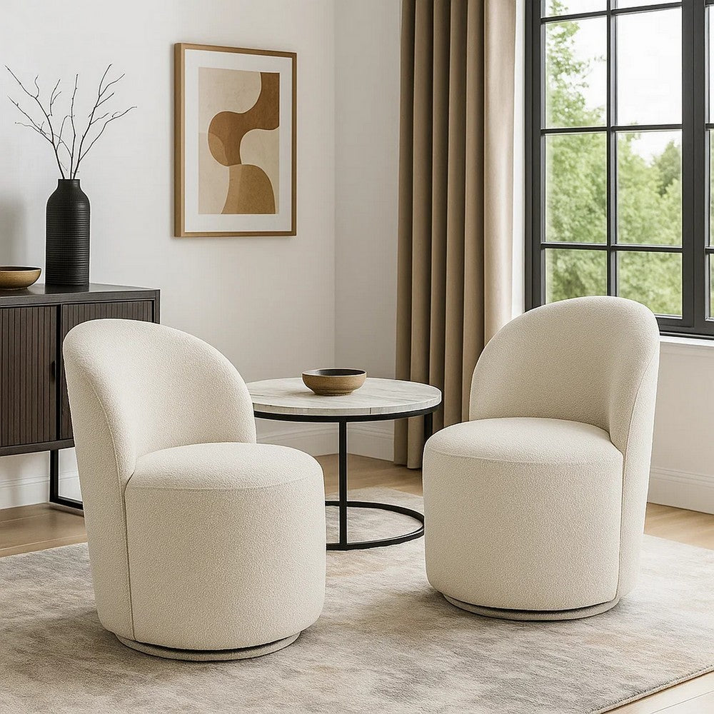 Benjara Accent Chair Set of 2, 360 Degree Swivel Rotation, Beige White Boucle